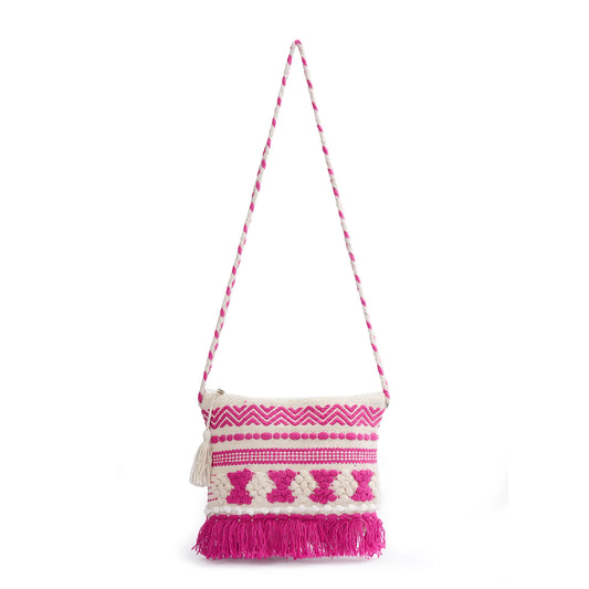 Cotton Bohemian Bag, Sling Bag for Girls and Women Handmade Cotton Purse, Pink- HB10050