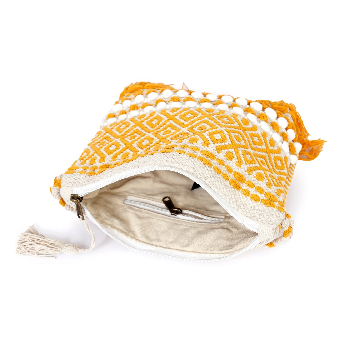 Cotton Bohemian Bag, Sling Bag for Girls and Women Handmade Cotton Purse Yellow- HB10052