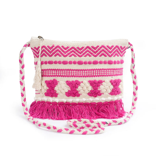 Cotton Bohemian Bag, Sling Bag for Girls and Women Handmade Cotton Purse, Pink- HB10050