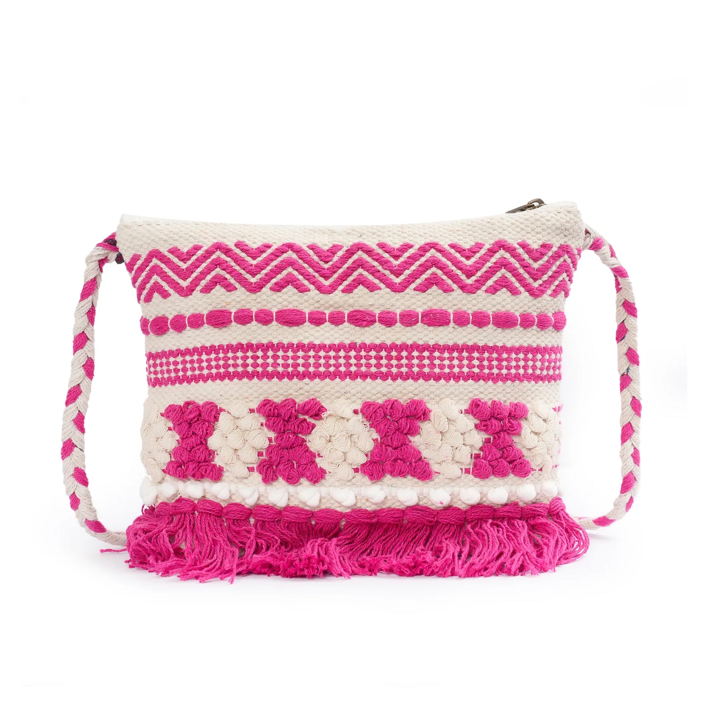 Cotton Bohemian Bag, Sling Bag for Girls and Women Handmade Cotton Purse, Pink- HB10050