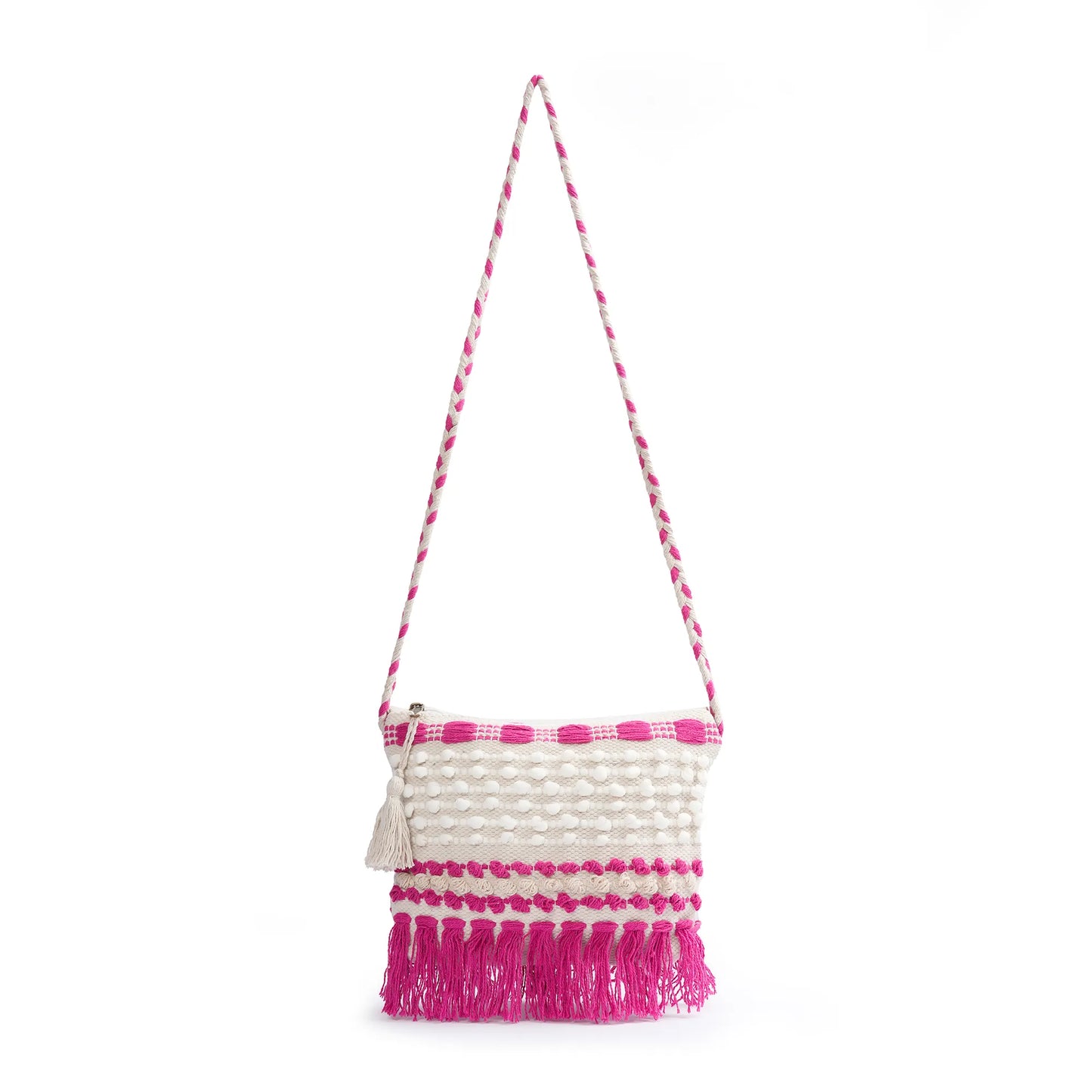 Cotton Bohemian Bag, Sling Bag for Girls and Women Handmade Cotton Purse, Pink- HB10053
