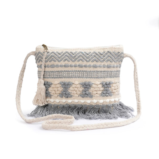Cotton Bohemian Bag, Sling Bag for Girls and Women Handmade Cotton Purse, Grey- HB10051