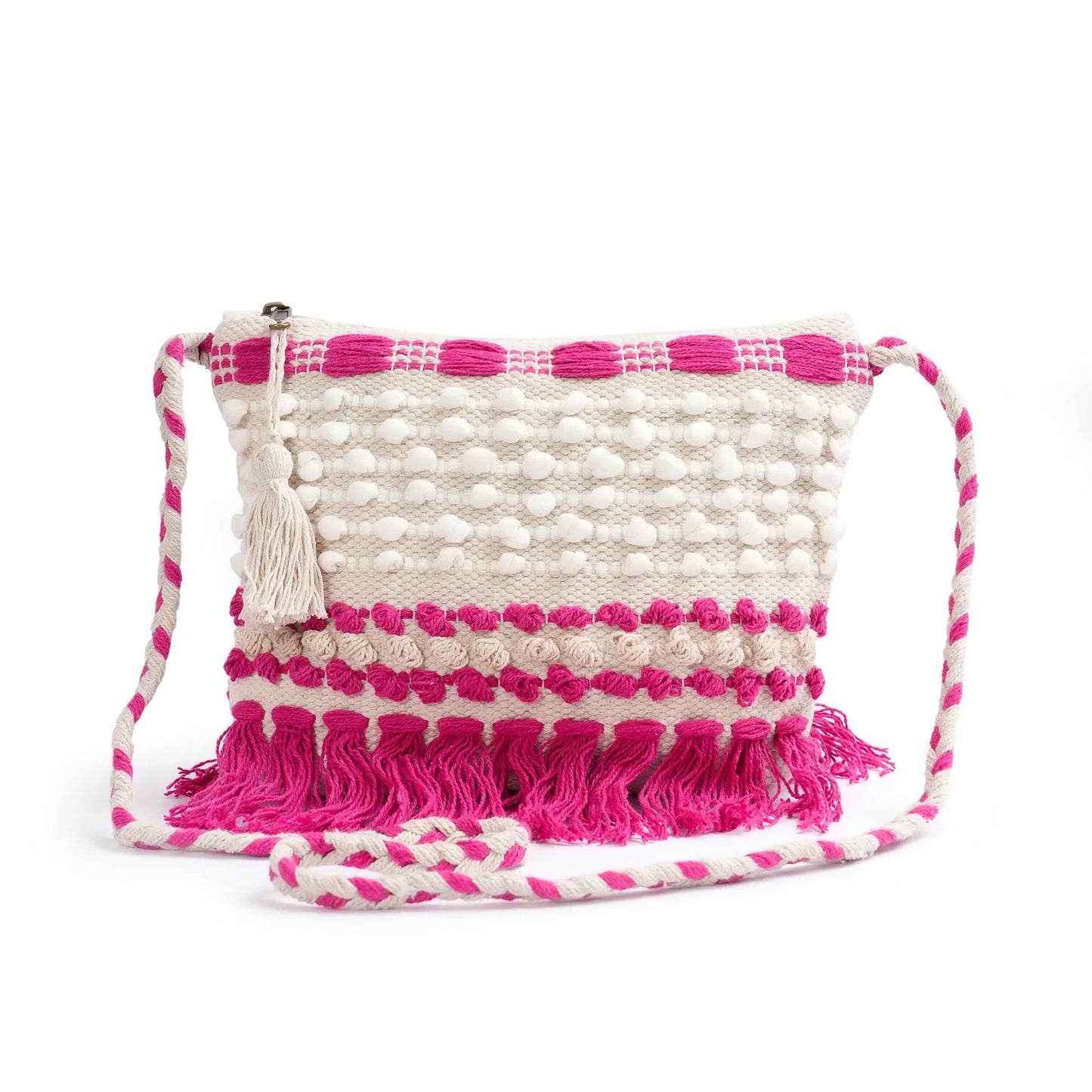 Cotton Bohemian Bag, Sling Bag for Girls and Women Handmade Cotton Purse, Pink- HB10053
