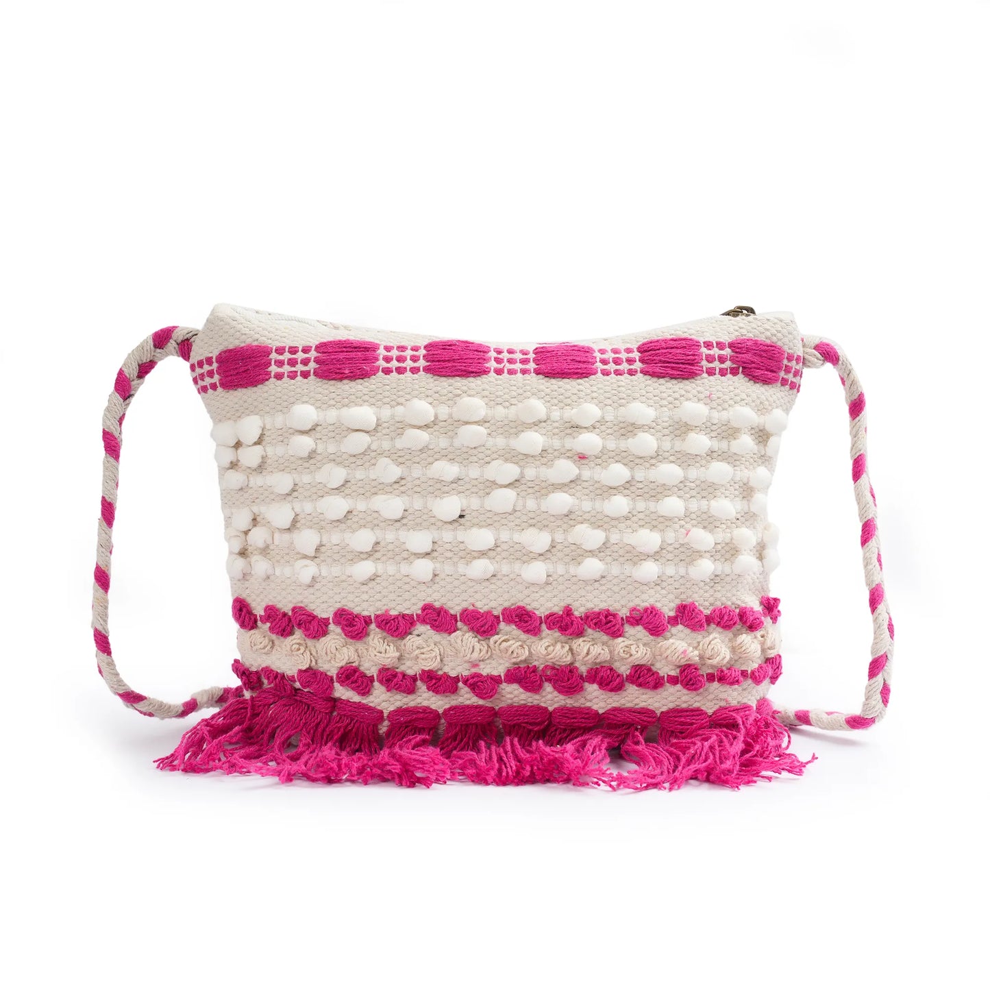 Cotton Bohemian Bag, Sling Bag for Girls and Women Handmade Cotton Purse, Pink- HB10053