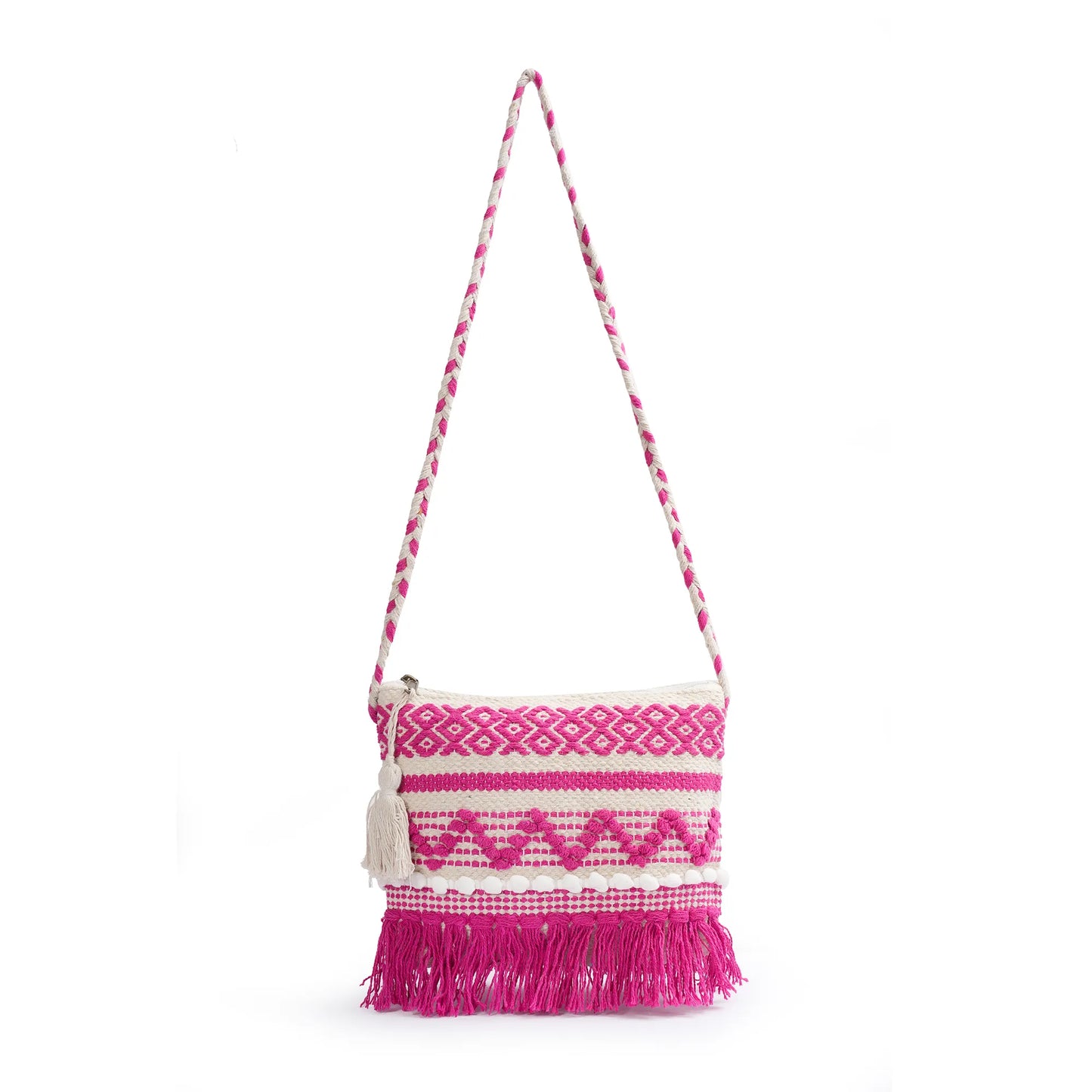 Cotton Bohemian Bag, Sling Bag for Girls and Women Handmade Cotton Purse Pink- HB10058