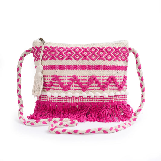 Cotton Bohemian Bag, Sling Bag for Girls and Women Handmade Cotton Purse Pink- HB10058