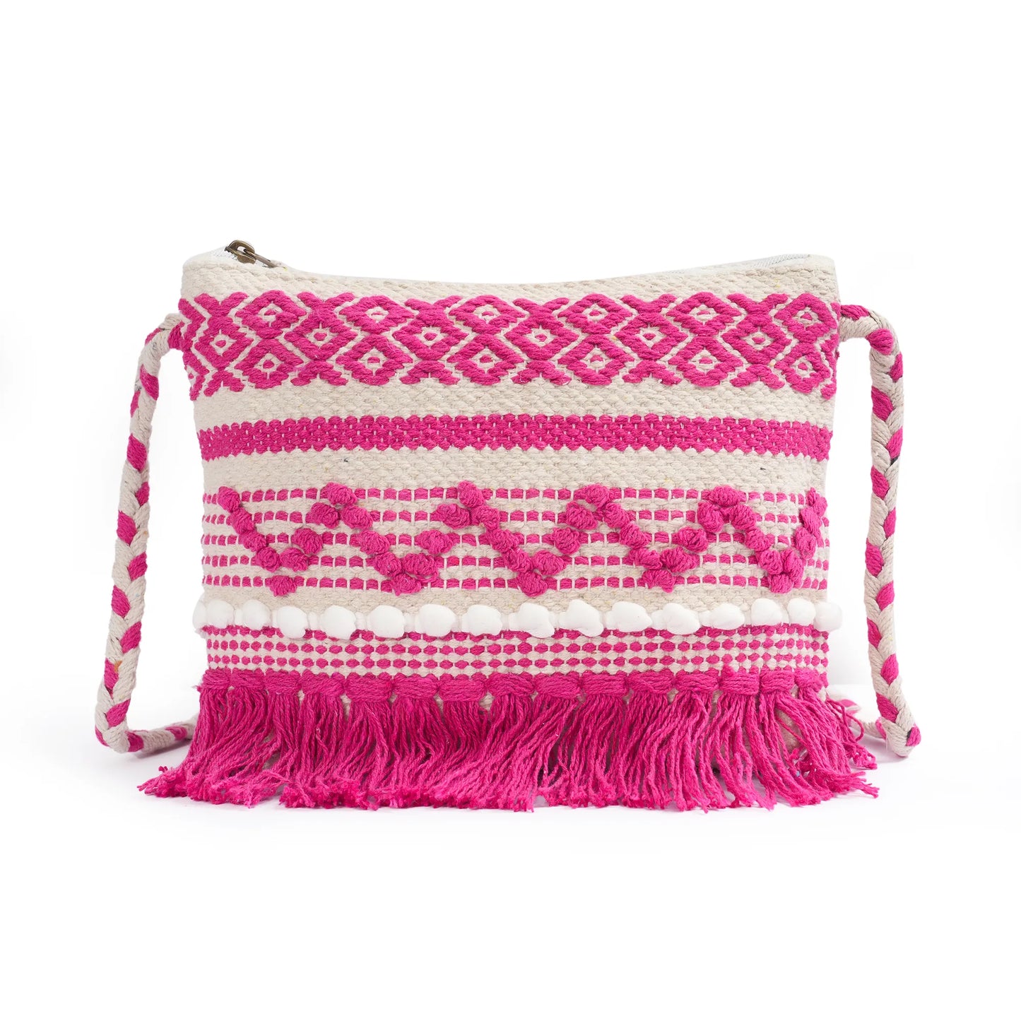 Cotton Bohemian Bag, Sling Bag for Girls and Women Handmade Cotton Purse Pink- HB10058