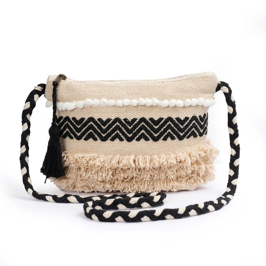 Cotton Bohemian Bag, Sling Bag for Girls and Women Handmade Cotton Purse Black -HB10067
