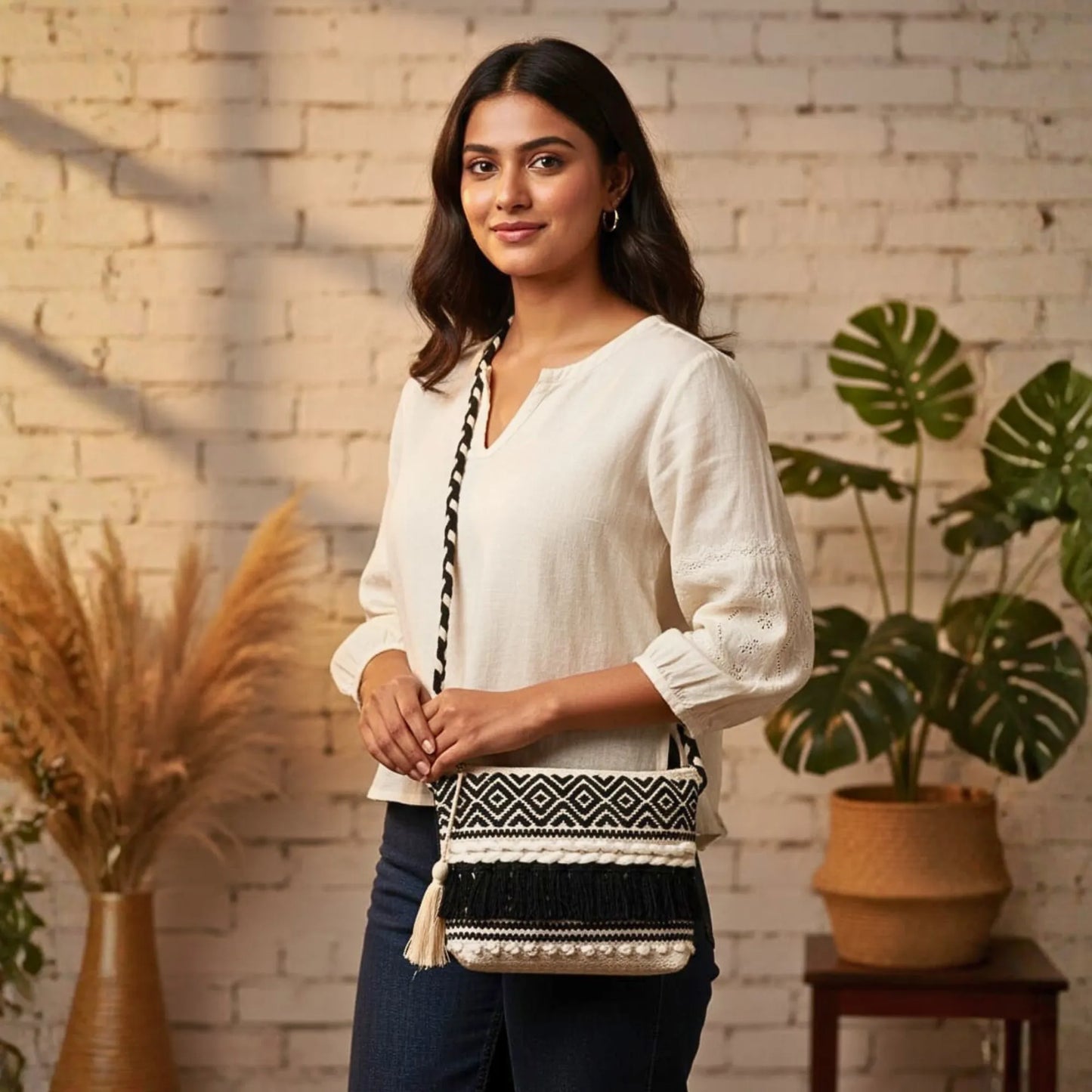 Cotton Bohemian Bag, Sling Bag for Girls and Women Handmade Cotton Purse, Ethnic Crossbody - HB1001