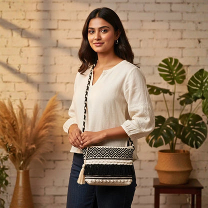 Cotton Bohemian Bag, Sling Bag for Girls and Women Handmade Cotton Purse, Ethnic Crossbody - HB1001