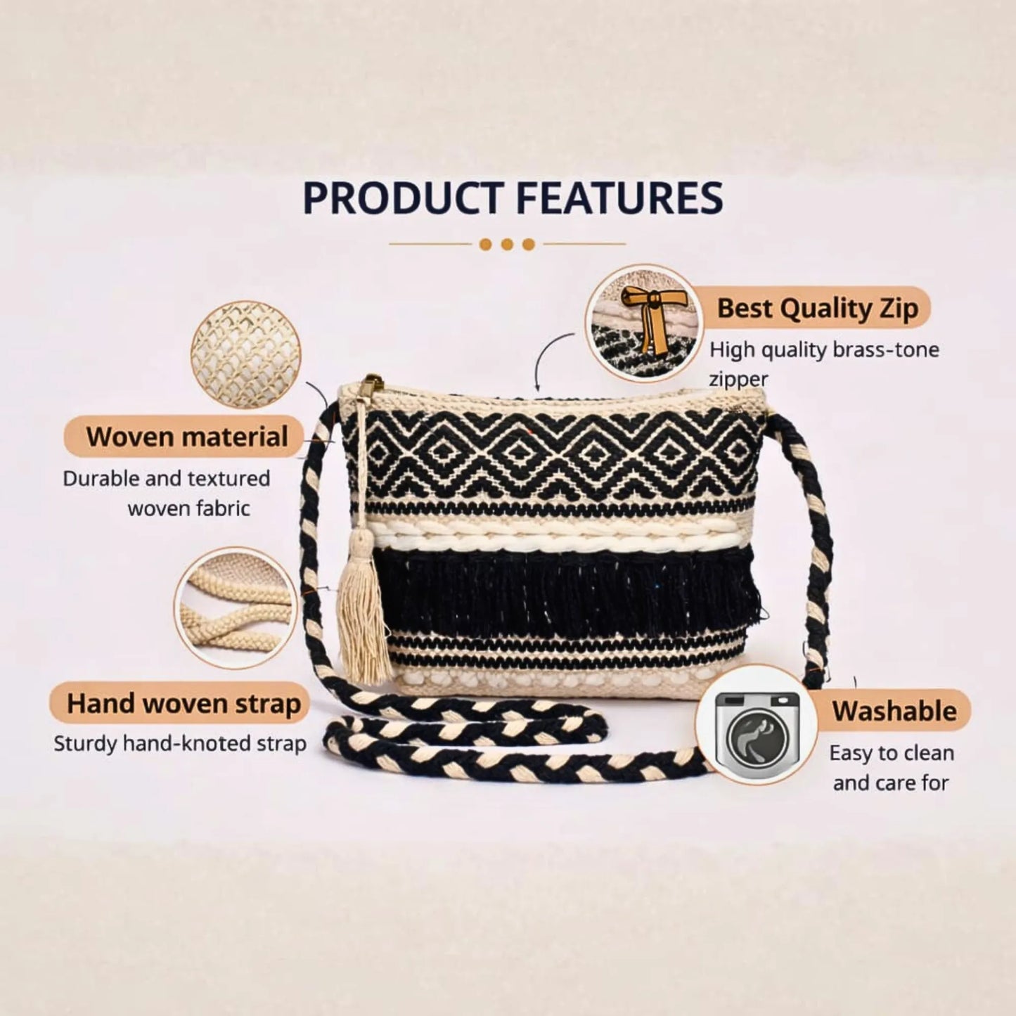 Cotton Bohemian Bag, Sling Bag for Girls and Women Handmade Cotton Purse, Ethnic Crossbody - HB1001
