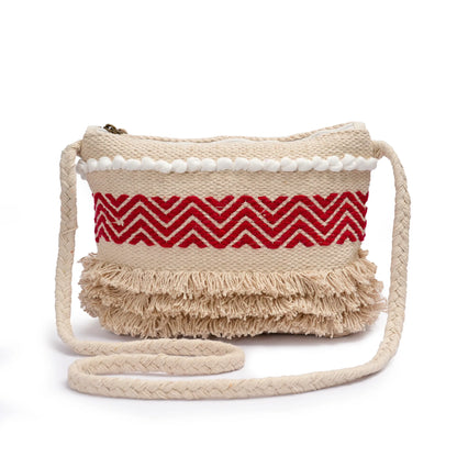 Cotton Bohemian Bag, Sling Bag for Girls and Women Handmade Cotton Purse, Red - HB10022