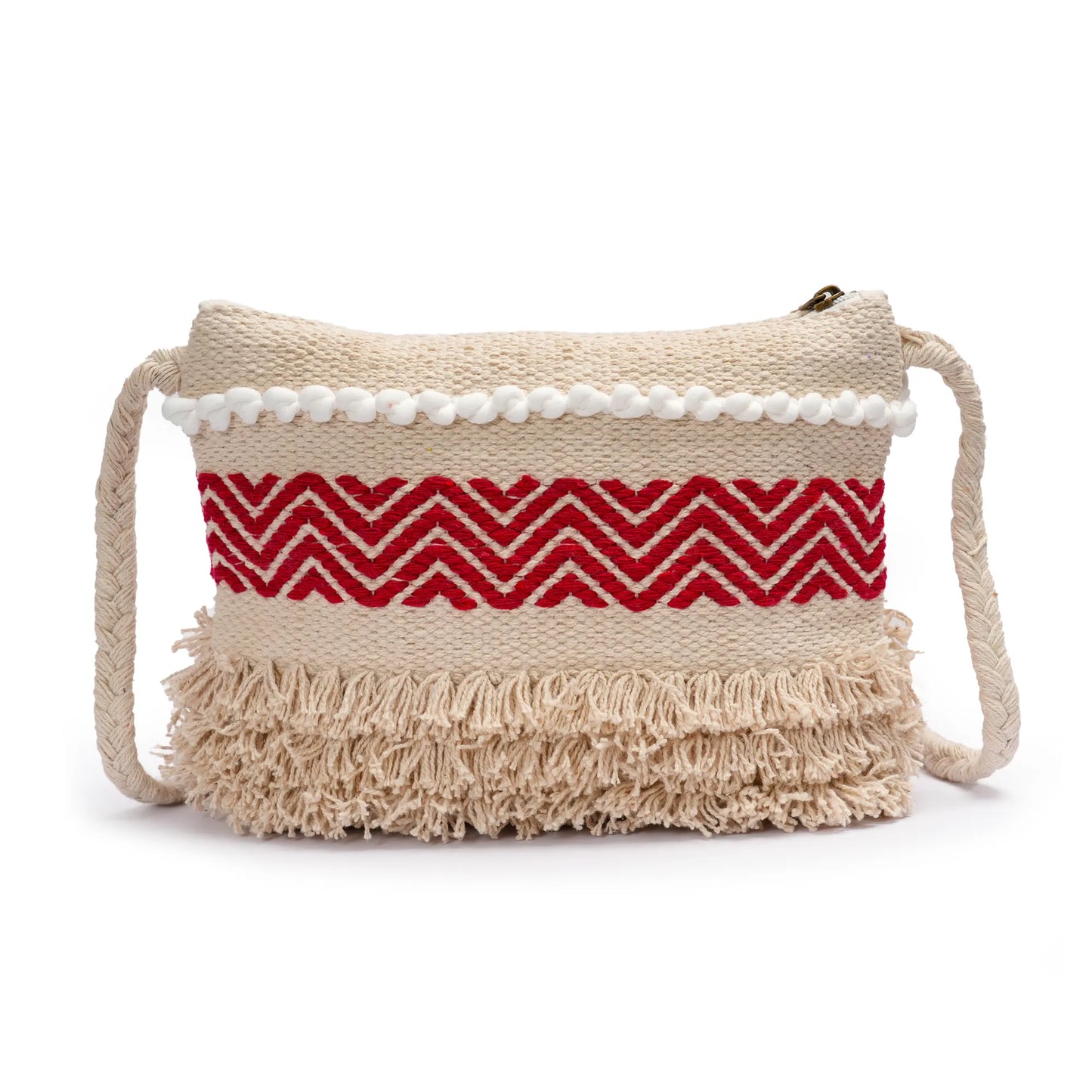 Cotton Bohemian Bag, Sling Bag for Girls and Women Handmade Cotton Purse, Red - HB10022