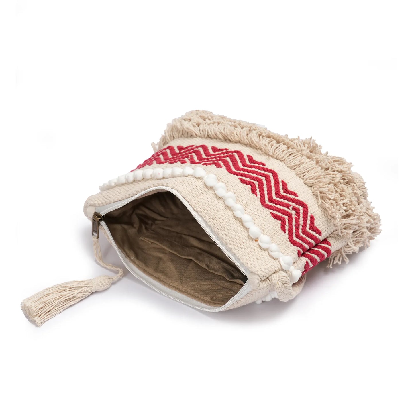 Cotton Bohemian Bag, Sling Bag for Girls and Women Handmade Cotton Purse, Red - HB10022