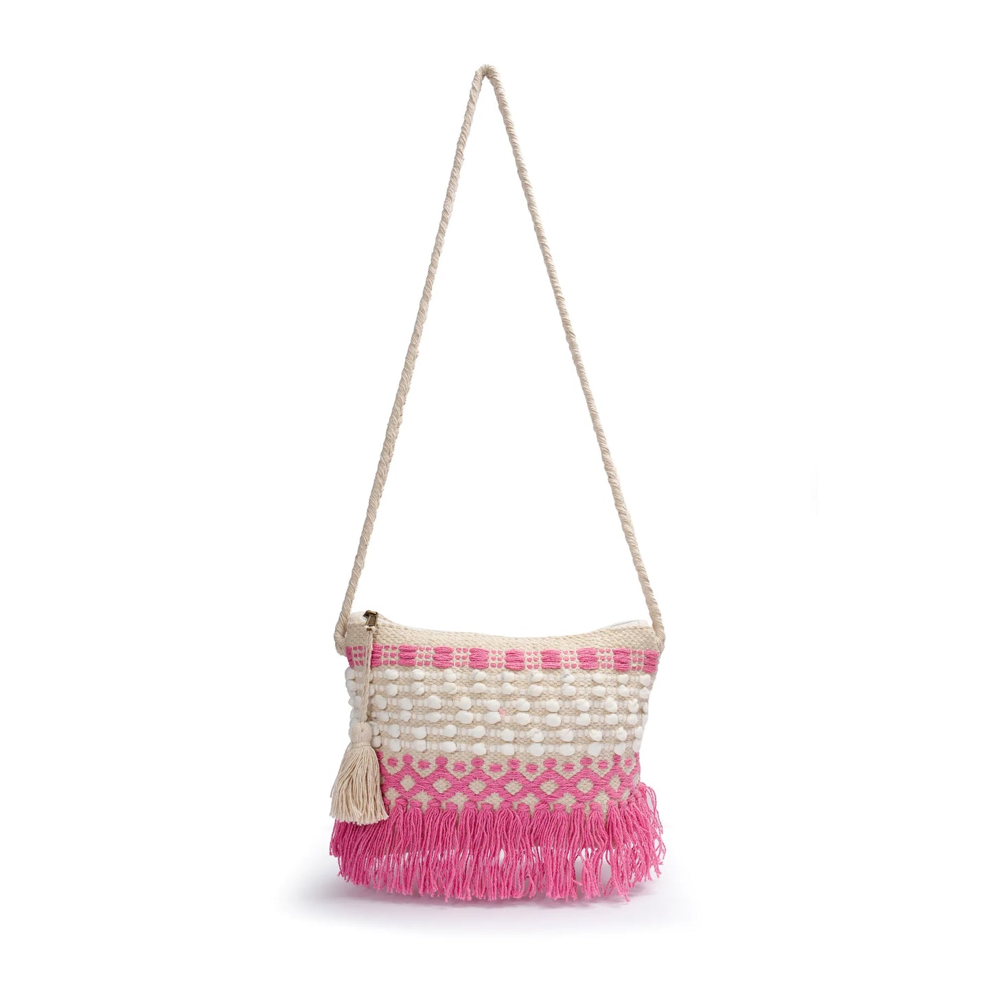 Cotton Bohemian Bag, Sling Bag for Girls and Women Handmade Cotton Purse, Pink - HB10020