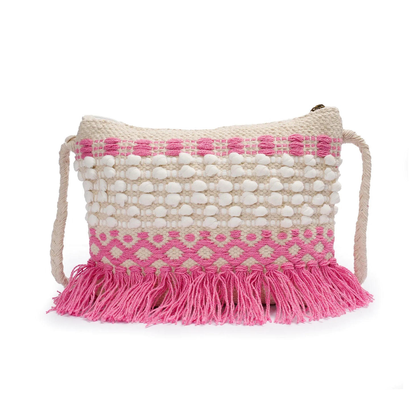 Cotton Bohemian Bag, Sling Bag for Girls and Women Handmade Cotton Purse, Pink - HB10020