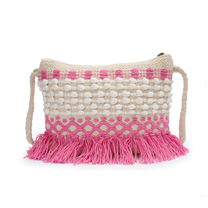 Cotton Bohemian Bag, Sling Bag for Girls and Women Handmade Cotton Purse, Pink - HB10020