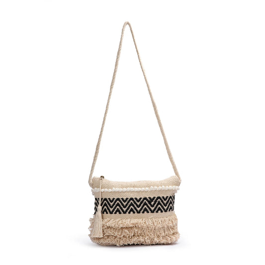 Cotton Bohemian Bag, Sling Bag for Girls and Women Handmade Cotton Purse, Black - HB10021