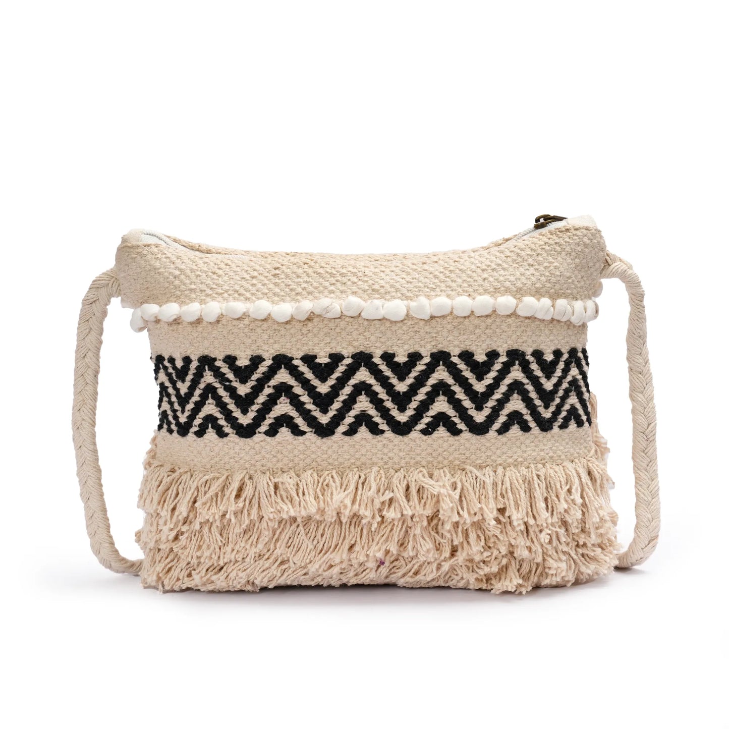 Cotton Bohemian Bag, Sling Bag for Girls and Women Handmade Cotton Purse, Black - HB10021