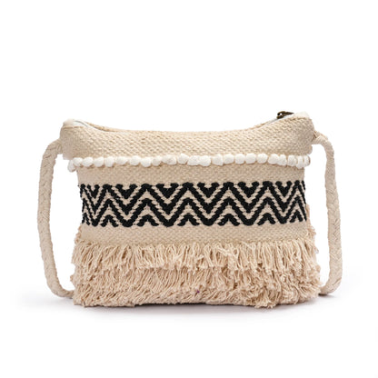 Cotton Bohemian Bag, Sling Bag for Girls and Women Handmade Cotton Purse, Black - HB10021