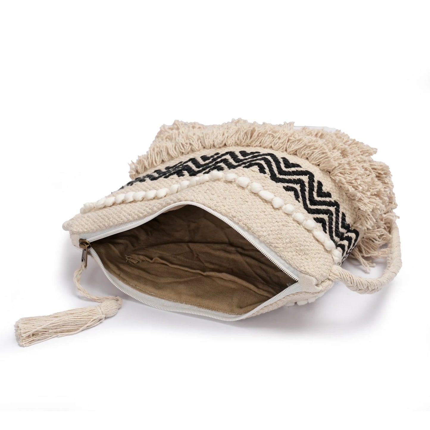 Cotton Bohemian Bag, Sling Bag for Girls and Women Handmade Cotton Purse, Black - HB10021