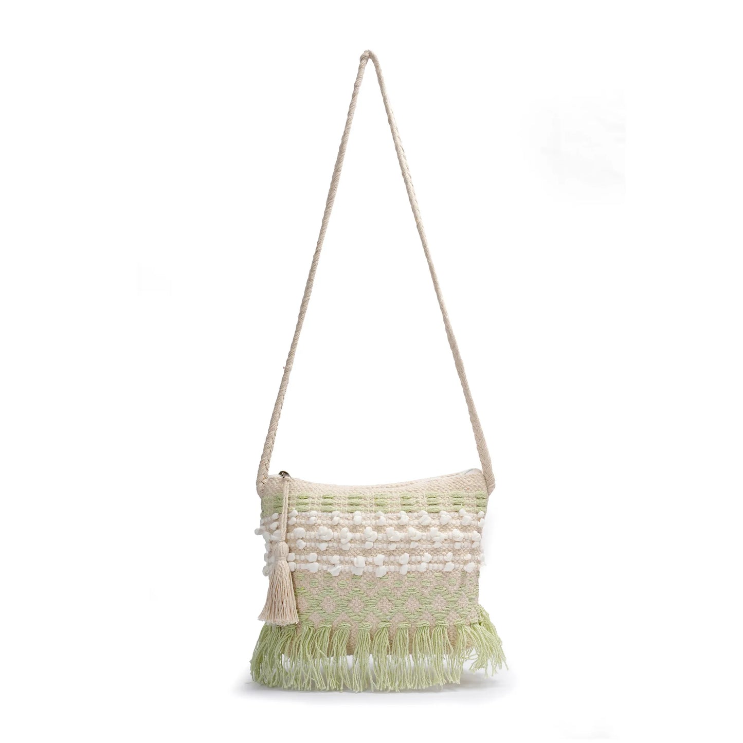 Cotton Bohemian Bag, Sling Bag for Girls and Women Handmade Cotton Purse,Light Green- HB10026