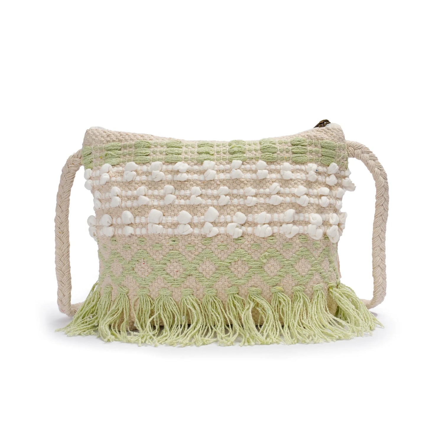 Cotton Bohemian Bag, Sling Bag for Girls and Women Handmade Cotton Purse,Light Green- HB10026