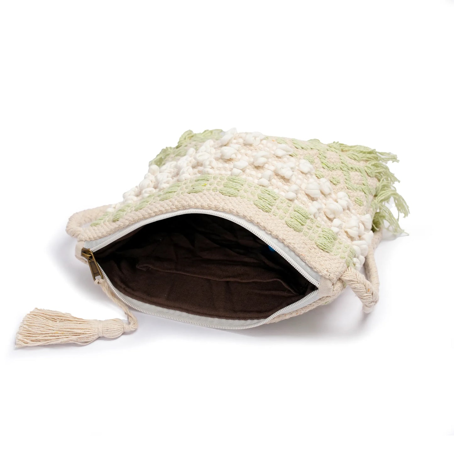 Cotton Bohemian Bag, Sling Bag for Girls and Women Handmade Cotton Purse,Light Green- HB10026